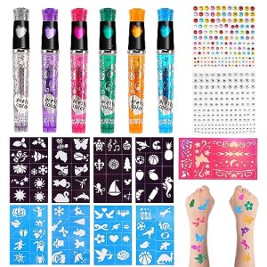 Temporary Tattoo Markers for Kids, 6 Vibrant Colors, 112 Removable Stickers, Face Paint Stencils