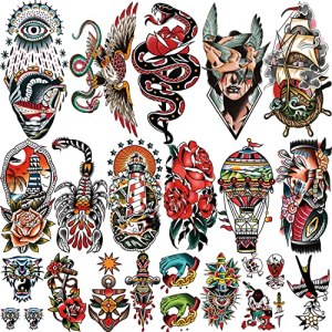 Classic Temporary Tattoos Stickers, Sailor Jerry Style Vintage Design, Waterproof and Long Lasting