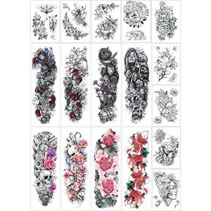 Full Arm Half Arm Tattoo Stickers, Floral For Woman, 17 Sheets, Non-toxic, Rapid Remove