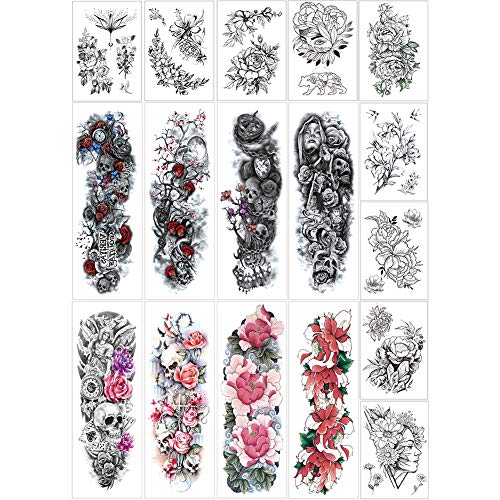 Full Arm Half Arm Tattoo Stickers, Floral For Woman, 17 Sheets, Non-toxic, Rapid Remove