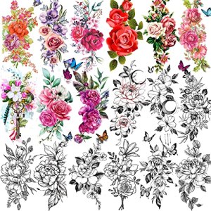 TASROI 18 Sheets Sexy Flower Rose Temporary Tattoos For Women Girls Adults, Waterproof Moon Butterfly Black Floral Tattoo