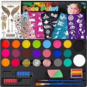 Face Painting Kit 20 Color Paints Glitters Hair Chalks Combs Stencils Brushes Gem Sheets Tattoos Safe Non-Toxic