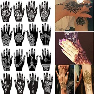 Xmasir Henna Tattoo Stencil Kit 16 Sheets, Indian Arabian Self Adhesive Sticker for Hand Body Art