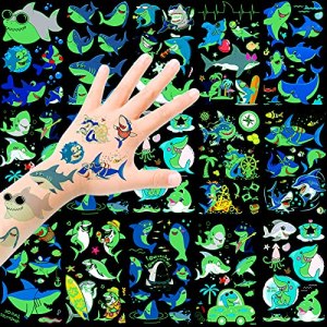 Glow Shark Temporary Tattoos Stickers for Kids, Luminous Shark Birthday Decorations Party Favors, 100+ Styles