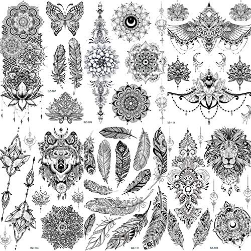Unique Black Henna Temporary Tattoo Stickers For Adults Women Girls Feather Mandala Flower