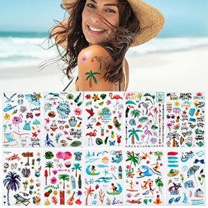 NICENEEDED 10 Sheets Hawaiian Themed Beach Temporary Tattoos, Summer Pool Party Stickers, Waterproof