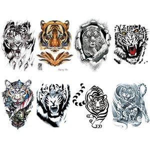 Temporary Tattoos Tiger for Men, Teens, Kids - 8 Sheets