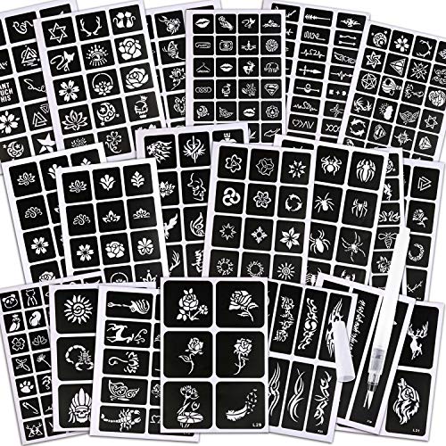 Konsait 291pcs Temporary Tattoos Stencils, 20 Sheets Body Art Stencil Pack for Glitter Tattoo Kit