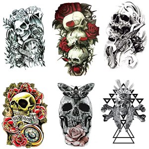 Skull Temporary Tattoo 6 Sheets for Men, Teens, Kids - Waterproof Fake Tattoos Stickers