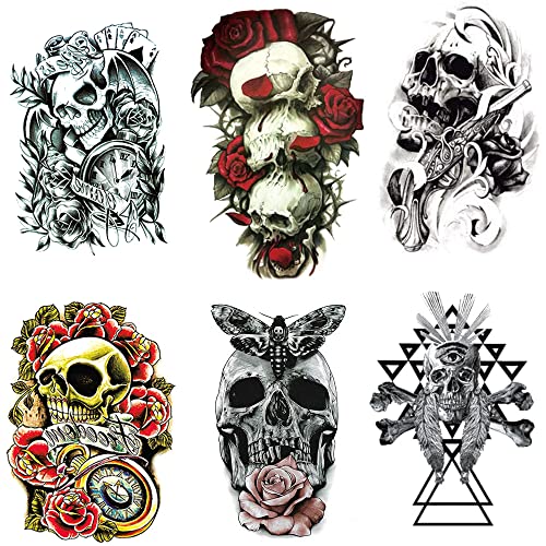 Skull Temporary Tattoo 6 Sheets for Men, Teens, Kids - Waterproof Fake Tattoos Stickers