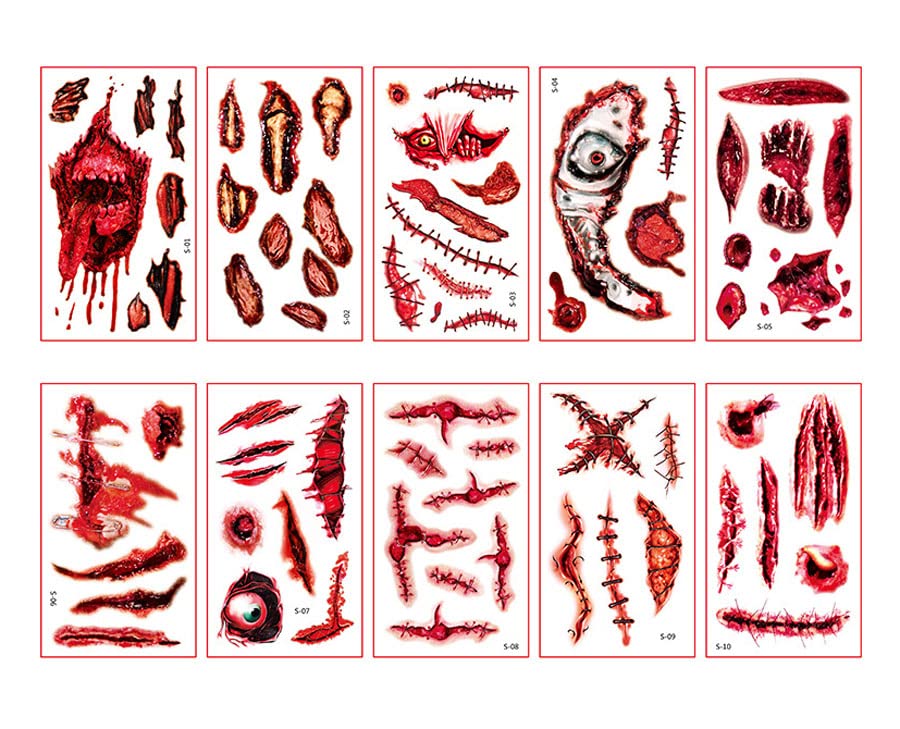 Halloween Scars Temporary Tattoos, 10 Sheets 3D Zombie Scar Tattoos, Fake Scars, Bloody Costume Makeup, Horror Wound Stickers