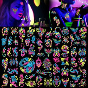 Shimmering UV Neon Temporary Tattoos for Parties and Festivals, 20 Sheets