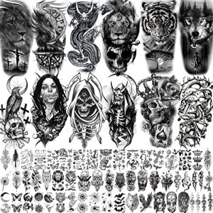 Rejaski 66 Sheets Black Eagle Dragon Temporary Tattoos For Men Women Thigh, Scary Halloween Tiger Lion Devil Skull Fake Tattoos For Adults, 3D Wolf Large Half Arm Sleeve Realistic Tatoo Forearm