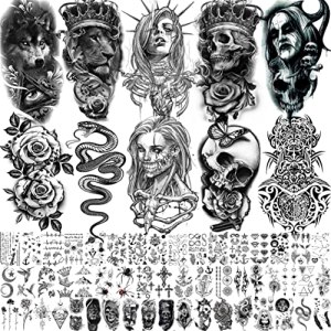Shegazzi 62 Sheets Wolf Lion Skeleton Temporary Tattoos For Adults Kids, Black Scary Skull Halloween Vampire Fake Tatoos