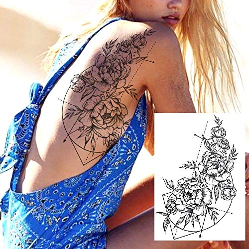 Large Black Rose Flower Temporary Tattoos For Women, Geometric Waterproof Fake Tattoo Sticker Sets - Image 2