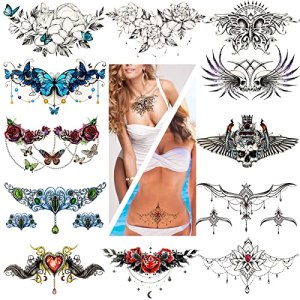 Sexy Temporary Tattoos for Women, Konsait Butterflies Flowers Sternum Waterproof Stickers