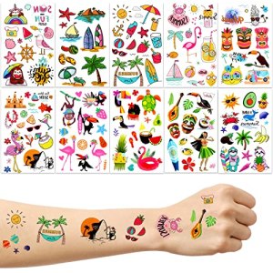 LOMIMOS 138pcs Hawaiian Luau Themed Temporary Tattoo, Tropical Summer Beach Pool Party Sticker for Kid Adult (10 Sheets)