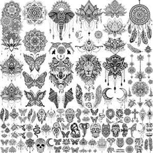 "64 Sheets Black Henna Temporary Tattoos For Women Girls Arm Neck, Lace Lotus Mandala Flower Temp Fake Tattoos Adults"