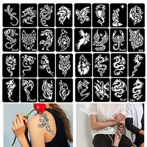 Xmasir 34 Pieces Airbrush Temporary Tattoo Stencils for Men Arm Back Body Paint Reusable Glitter Tattoo Sticker