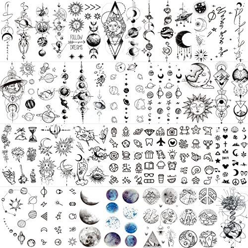 28 Sheets Outer Space Temporary Tattoos For Kids Women Men, 3D Fake Realistic Star Sun Moon Tattoo Stickers Boys Girls, 3.9x2.3 Inch (Pack of 8)