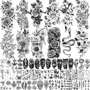 59 Sheets Sexy 3D Rose Flower Temporary Tattoos For Women Girls Arm Neck Snake Floral Sunflower Leaf Peony Adult Black Realistic