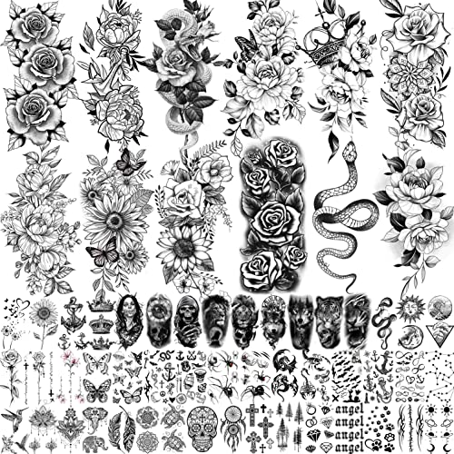 59 Sheets Sexy 3D Rose Flower Temporary Tattoos For Women Girls Arm Neck Snake Floral Sunflower Leaf Peony Adult Black Realistic