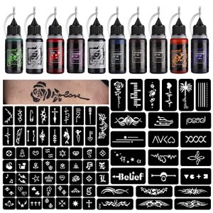 STIGMA Temporary Tattoo Kit 10 Bottles Color Inks, 84 Pcs Stencils DIY Tattoos Temp (Black*2, Cyan, Red, Green, Blue, Purple, Brown*2, Orange)