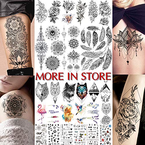 Large Black Rose Flower Temporary Tattoos For Women, Geometric Waterproof Fake Tattoo Sticker Sets - Image 3