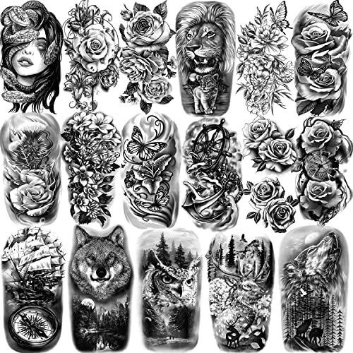 Temporary Tattoo for Women and Men, 77 Sheets Realistic Lion Wolf Owl Elk Snake Butterfly Rose, Waterproof Fake Tattoos