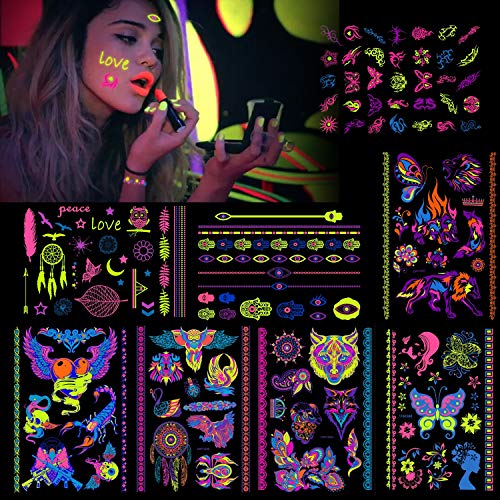 HOWAF 8 Large Sheets Neon Temporary Tattoos, 100+ Shimmer Designs Glow UV Neon Body Face Skin Tattoo