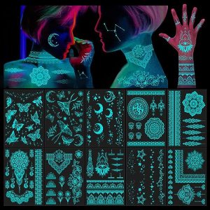 Blue Glow in the Dark Indian Lace Temporary Tattoos for Woman Girls Hand Arm Body Art