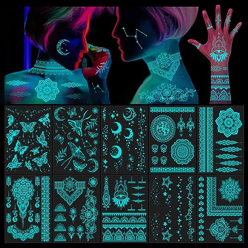 Blue Glow in the Dark Indian Lace Temporary Tattoos for Woman Girls Hand Arm Body Art