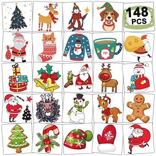 CHARLENT 148 PCS Christmas Temporary Tattoos for Kids Xmas Individual Tattoos Stocking Stuffer