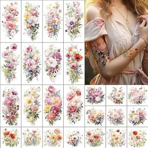 Everjoy Flower Temporary Tattoo Sleeve Sheets, 12 Large Watercolor Floral Tattoo Stickers, 13 Small Fake Flower Tattoo Designs for Women and Girls - Waterproof & Long Lasting
