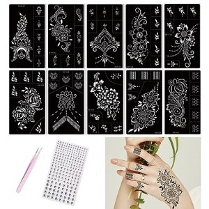 PPVWEY Henna Tattoo Stencils Kit with 220 Pcs Gems Rhinestone Stickers and 1 Tweezers