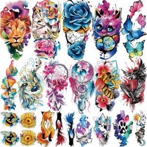 Temporary Tattoo 77 Sheets Half Arm Flower Dream Catcher Cat Goldfish Fake Tattoos for Adults Shoulder Neck