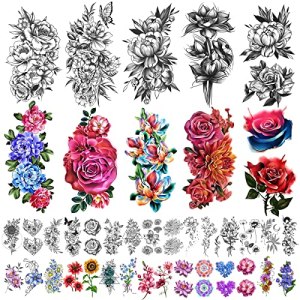 Yazhiji Waterproof Temporary Tattoos Large Flowers Collection Lasting Fake Tattoo Stickers for Women