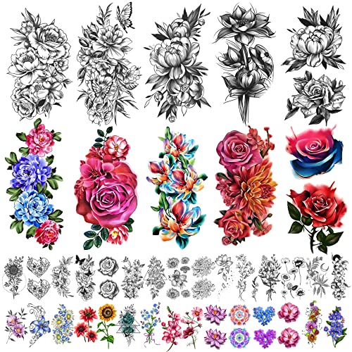 Yazhiji Waterproof Temporary Tattoos Large Flowers Collection Lasting Fake Tattoo Stickers for Women