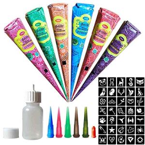 6 Pack Temporary Tattoo Kit Indian Body Art Multi-Color Stickers 35 Free Stencil