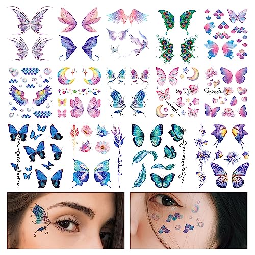 Glitter Butterfly Temporary Tattoos, Waterproof Fairy Wings Fake Tattoos for Women Girls