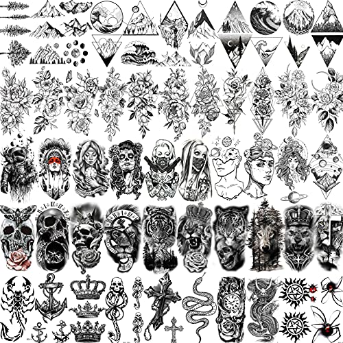 Shegazzi 52 Sheets Black Skull Rose Temporary Tattoos Arm Neck Tatoos Waterproof