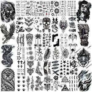 VANTATY 50 Sheets Black Temporary Tattoos For Men Adults Ealge Dragon Lion Wolf Animals, Fake Small Temporary Tattoos For Women Neck Arm Thigh