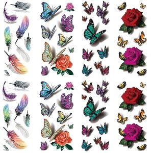 Flowers Temporary Tattoos for Women Sexy 8 Pcs - Waterproof & Long Lasting Rose, Butterfly Feather Tattoos