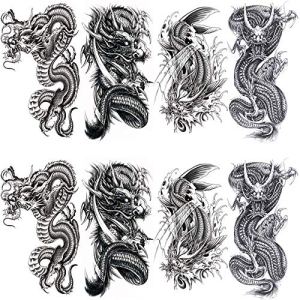 Yesallwas Temporary Tattoos Dragons for Men 8 Sheets, Arm Fake Tattoos Stickers Black Dragon - Waterproof, Lasts 1-7 Days