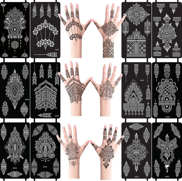 PPVWEY 12 Sheets Tattoo Stencils Kit Reusable Arabian Indian Stickers for Face Body Paint DIY(12P-2)