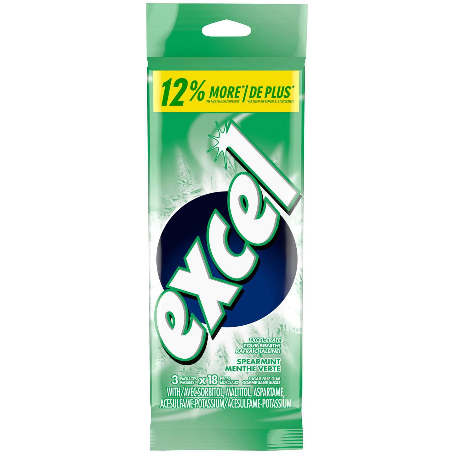 Excel Spearmint Flavoured Sugar-Free Chewing Gum, 18 Pieces, 3 Packs 76g