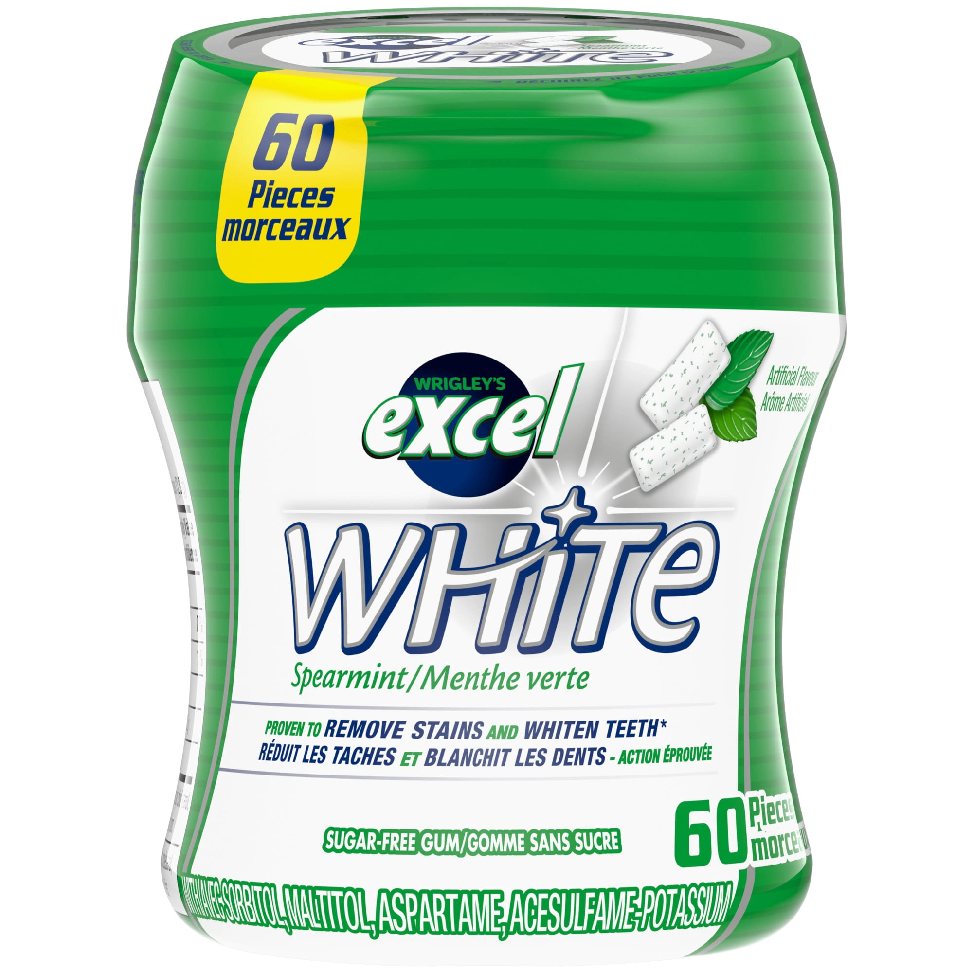Excel White Spearmint Teeth Whitening Sugar-Free Chewing Gum, 60 Pieces, 1 Bottle 84g