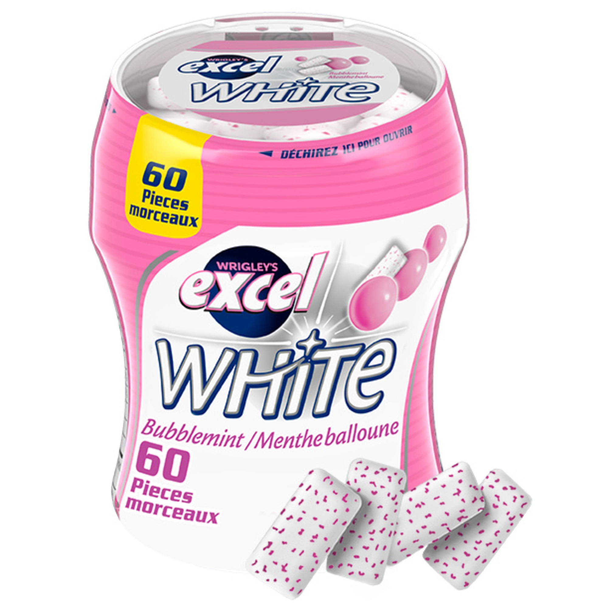 Excel White Bubblemint Teeth Whitening Sugar-Free Chewing Gum, 60 Pieces