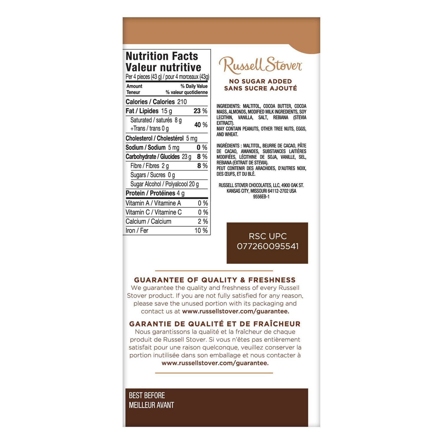 Russell Stover No Sugar Added Almond Milk Chocolate Bar, 85g - Image 4