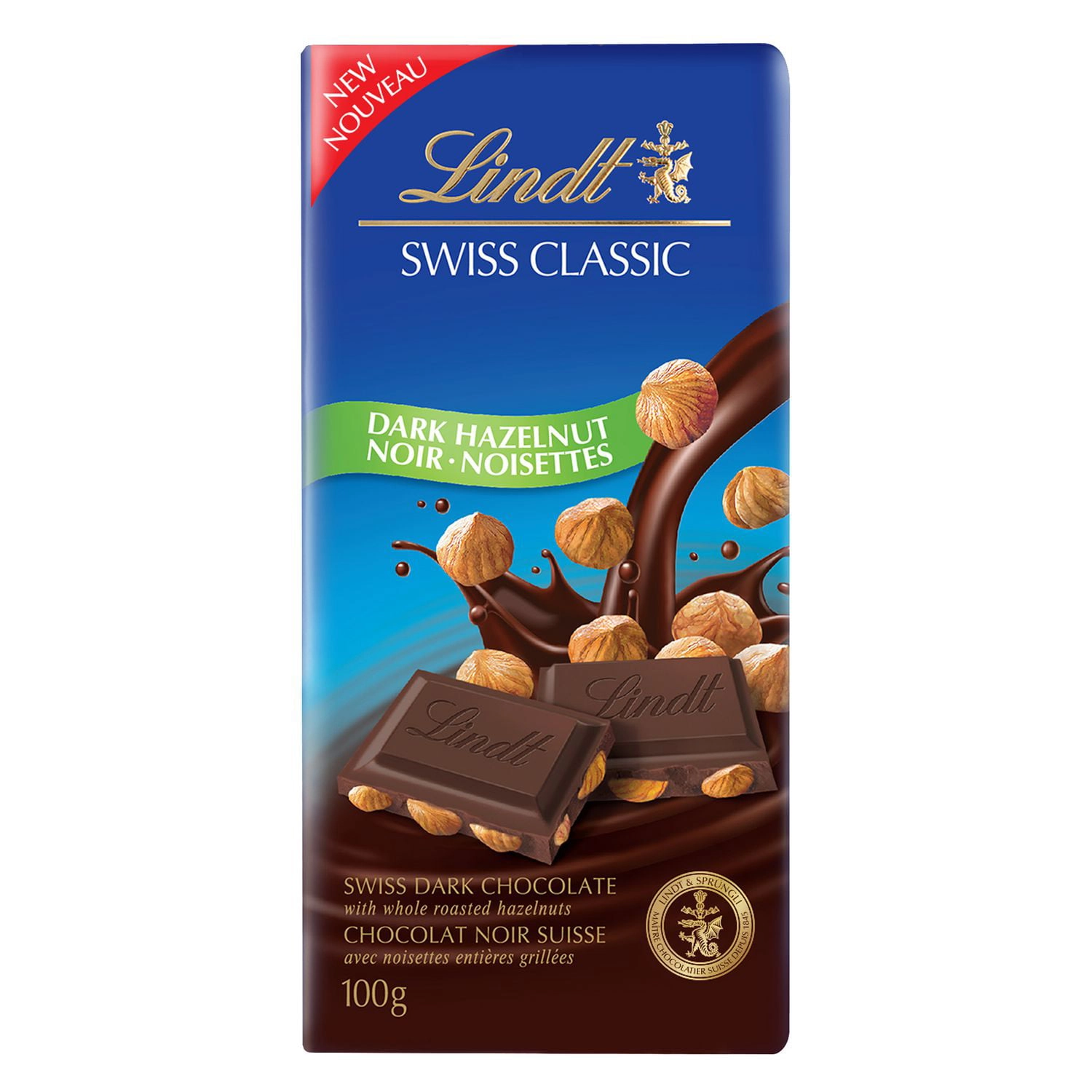 Lindt Swiss Classic Hazelnut Dark Chocolate Bar, 100g